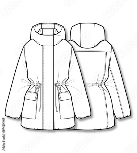 Women Hooded Midi Puffer Coat Flat Sketch, Drawstring Waist Down Jacket Technical Drawing Front Back, Minimal Line Art Vector