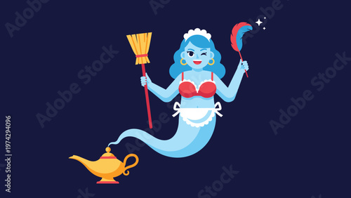 Creative character design of a blue genie emerging from a magic lamp dressed in a maid's outfit while holding a broom and a duster.