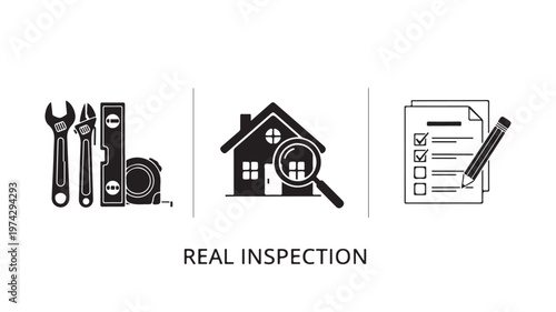 Home inspection tools and checklist in black and white for real estate