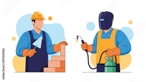 Two professional construction workers including a mason laying bricks and a welder with a torch shown in a flat vector character style.