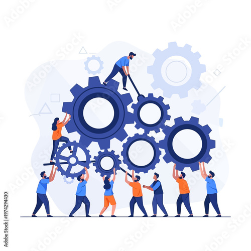 Teamwork and collaboration: people working together to assemble gears, symbolizing business success and synergy.