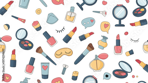 Seamless background pattern featuring various hand-drawn cosmetics and beauty products like lipstick bottles, mirrors, and makeup brushes.