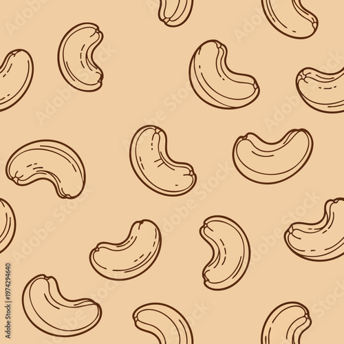 Cashew Nuts Seamless Pattern. Hand-drawn Cashew Background. Doodle Nuts Texture.