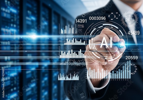 Businessman Navigating AI-Powered Data Analytics and Digital Transformation in a Server Environment