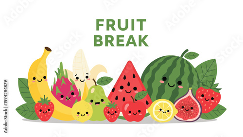 Group of cute cartoon fruit characters with happy faces including a banana, watermelon, strawberry, lemon, and dragon fruit.