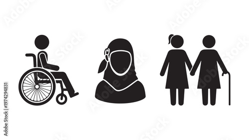 Diverse people icons in black silhouette style on white background for inclusivity and accessibility