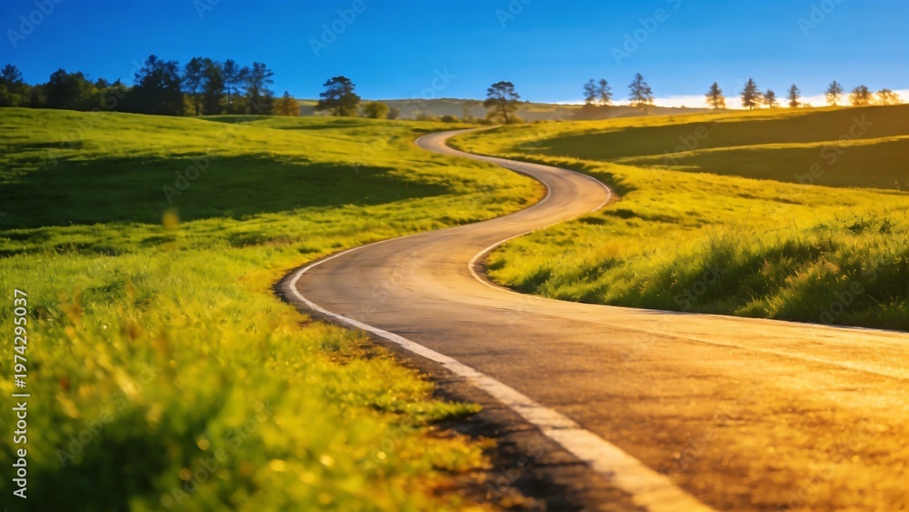 Naklejka premium Winding road through green hills