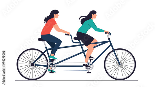 Two smiling women enjoy a fun outdoor activity while riding a blue tandem bicycle together on a white background.