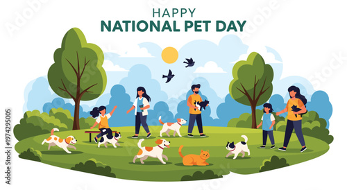 Happy national pet day celebration with people playing and interacting with their dogs and cats in a lush green park, under a sunny sky with birds flying.