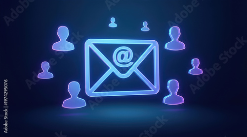 Email marketing network with envelope and user icons. Digital mass communication and newsletter campaign distribution to audience subscribers for business outreach and online engagement