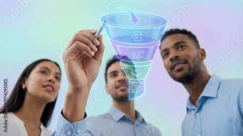 Business team drawing virtual sales funnel with stages for lead conversion process and deal. Marketing pipeline strategy and revenue growth management for corporate performance and collaboration
