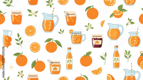 Vibrant seamless pattern showcases fresh oranges, jars of citrus jam, and pitchers of healthy juice on a white background.