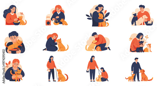 Various scenes of people lovingly interacting with their pets, including feeding, playing, and walking. illustrations show strong bonds between owners and their dogs and cats, pet care.