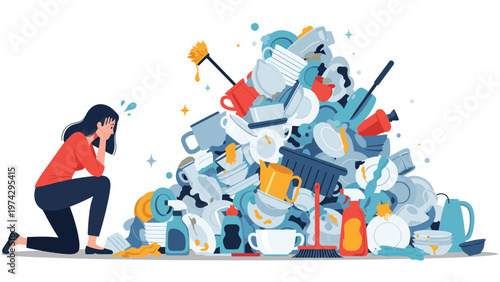 Overwhelmed young woman looks with distress at a massive pile of dirty dishes and kitchenware needing to be cleaned.