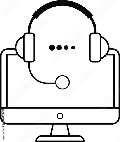 Computer monitor with headset icon for customer support and online service.