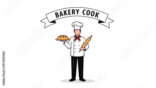 Professional bakery cook wearing a white chef uniform and hat holds a fresh loaf of bread and a wooden rolling pin.