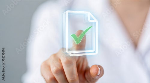 Finger touching virtual document file with checkmark approval sign. Digital verification validation and compliance workflow. Business technology paperwork confirmation and certified agreement