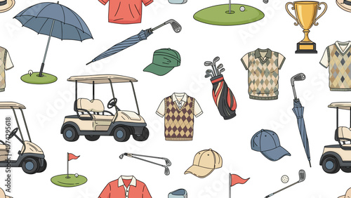 Detailed seamless pattern features various golf equipment including carts, clubs, bags, clothing, balls, and trophies.