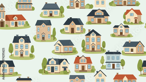 Charming seamless pattern displays a variety of suburban residential houses and green trees on a light blue background.