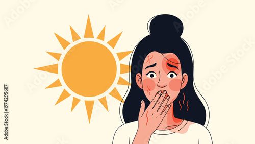 Young woman with a painful red sunburn on her face looks shocked while standing under the hot summer sun rays.