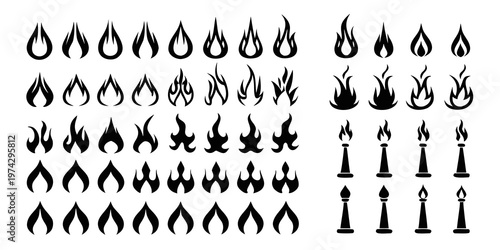 Collection of diverse flame shapes and designs in black silhouette