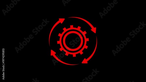 Gear rotation animation with arrows on black background. Process automation animation. red linear cogwheel, process optimization icon, workflow cycle, mechanical settings for UI or tech.