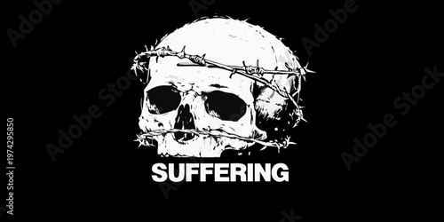 Skull adorned with barbed wire and the word suffering a silhouette