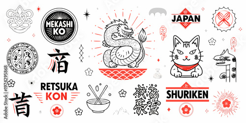 Japanese themed doodle set featuring a dragon and cat silhouette