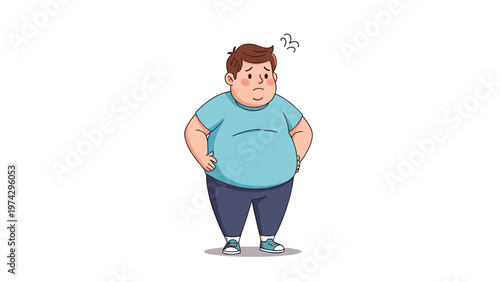 Sad and worried overweight young boy stands with his hands on his hips while looking concerned about his health.