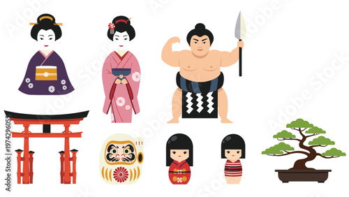 Cultural collection of Japanese symbols includes geishas, a sumo wrestler, torii gate, bonsai tree, and folk dolls.