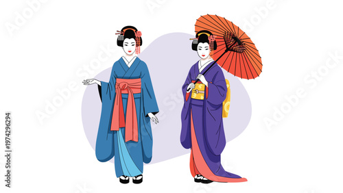 Two Japanese geishas dressed in traditional colorful kimonos pose together with one holding a red paper umbrella.