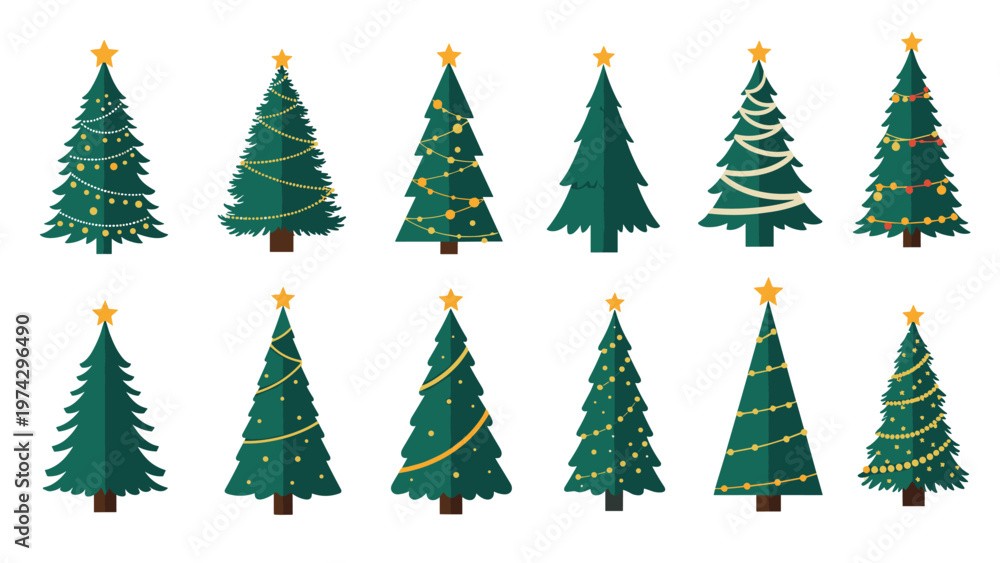 Obraz premium Decorative set of various green Christmas trees with different ornaments and golden stars on a clean white background.