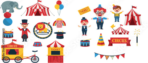 Cartoon Circus Set with Elephants, Clowns, Tents, Ticket Booths, and Performers for Use in Digital Media, Apps, and Event Illustrations
