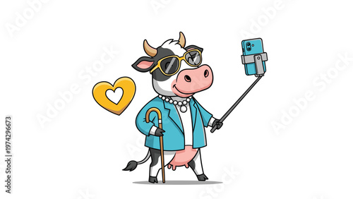 Funny cartoon cow character wearing a stylish blue jacket and sunglasses while taking a selfie with a smartphone camera.
