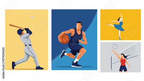 Collection of stylized posters depicting athletes playing baseball, basketball, volleyball, and performing ballet dance move.