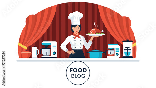 Professional female chef presenting a cooked meal on a stage surrounded by modern kitchen appliances for a food blog.