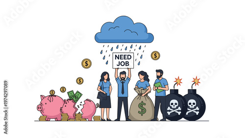 Conceptual illustration of people facing economic difficulties including job loss, broken piggy banks, and debt bombs.
