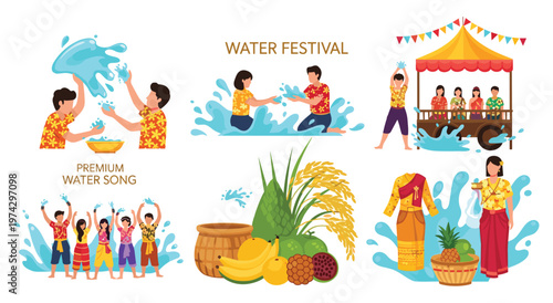 Happy people enjoying water festival, splashing water, and celebrating with traditional clothing and delicious fruits like mangoes and pineapples, set in a festive background.