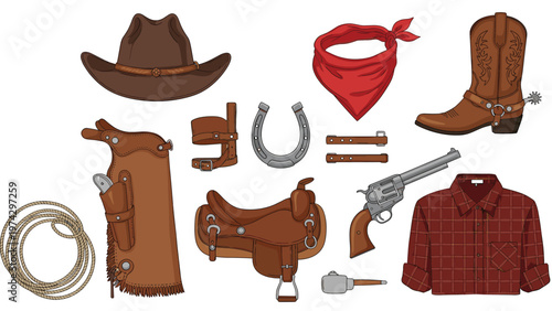 Comprehensive collection of classic cowboy equipment including a hat, boots, saddle, revolver, and lariat rope gear.