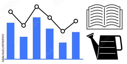 Business growth, education, knowledge sharing, sustainability, data analytics, productivity improvement. Bar graph, book and watering can with clean design. Business growth and education