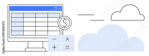Finance tools, cloud computing, online budgeting, remote work, SaaS, data management. A spreadsheet on a screen, calculator symbols and a cloud icon. Finance tools and cloud computing concept