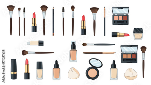 Extensive collection of cosmetics and beauty tools including brushes, lipsticks, foundation, eyeshadow, and sponges.