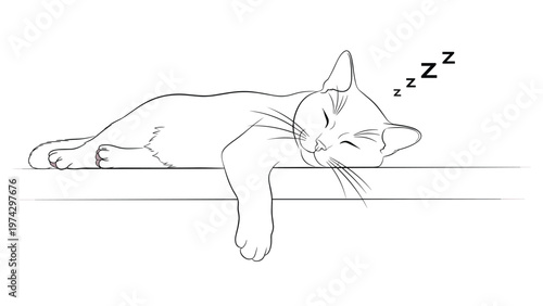 Minimalist black and white line art depicting a cat sleeping peacefully with its paw hanging over a table edge shelf.