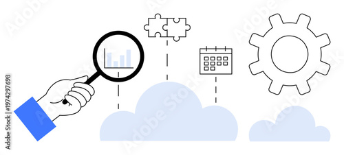 Business strategy, data analysis, cloud computing, workflow planning, collaboration, productivity. Hand holding magnifying glass with cloud, gear icons. Data analysis and cloud computing concept