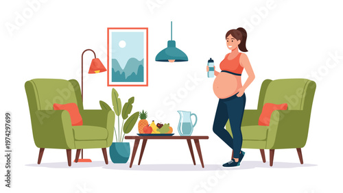 Happy pregnant woman in sportswear holding a water bottle while standing in a cozy modern living room interior scene.