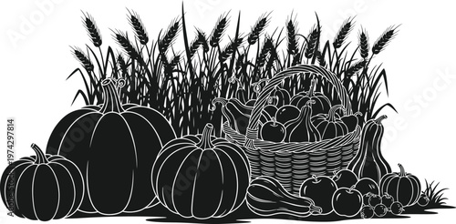 Autumn harvest still life pumpkins and wheat isolated on transparent background