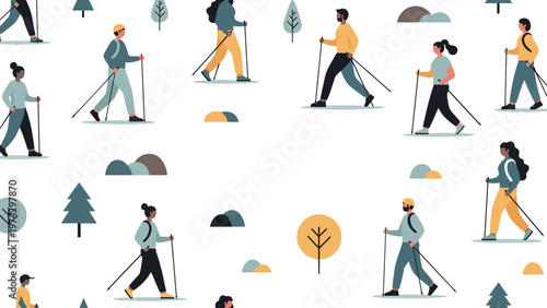 Seamless pattern featuring a group of diverse people practicing nordic walking in a park with pine trees and green hills.