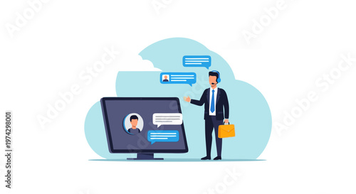 Support Service Agent with Headset and Monitor Message Bubbles