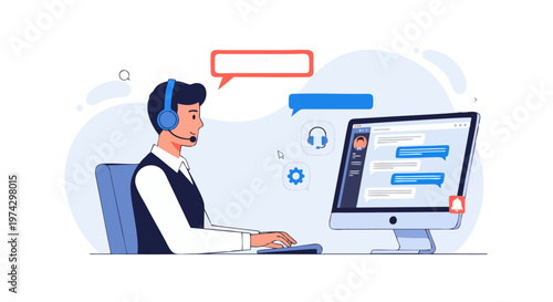 Support Team Member Wearing Headset Typing on Keyboard