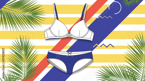 Stylish white bra and blue panty set displayed against a decorative background with yellow stripes, red diagonal lines, and palm leaves.
